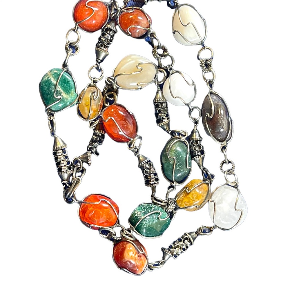 Vintage rough various color Agate stone  wire wrap necklace links VG